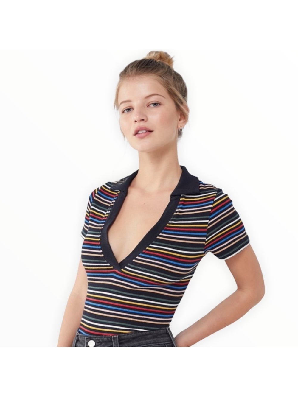 Out From Under Urban Outfitters Striped Ribbed Bodysuit XS Deep V Collar Y2K